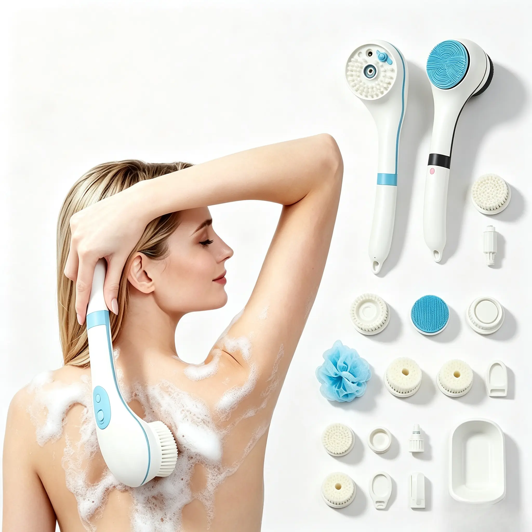 5-in-1 Electric Bath Body Brush with Long Handle, USB Rechargeable Soft Bristle Back Scrubber with 5 Replacement Attachments, Exfoliating Full Body Cleansing Brush for Women & Men