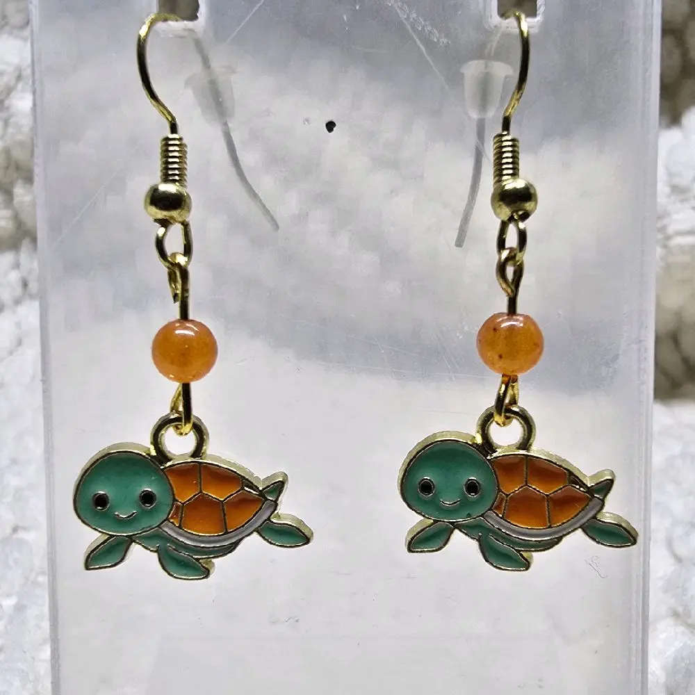 Tiny Turtle Earrings with Orange Beads and Gold Hooks for Everyday Wear
