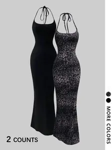 Women's Vintage Leopard Print Halter Neck Sleeveless Tie Fish Tail Long Dress Set, Backless Party Dress, European Style, Eye-Catching, Fit