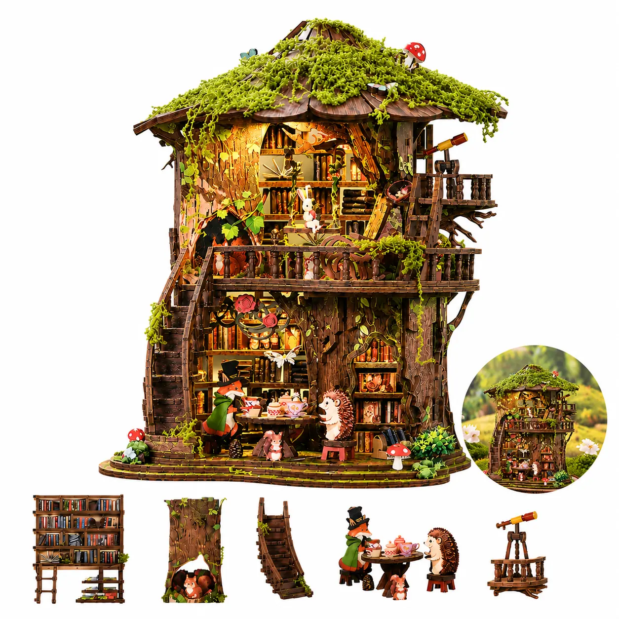 Kalawen—Forest Tea House 3D Wooden Puzzle DIY Model Kit for Adults,  Wooden Building Model, Creative Craft Gift,Wooden Bookshelf Decor, 3D Puzzles for Adults, Home Office Shelf Decoration,Book Lovers,BackToSchool