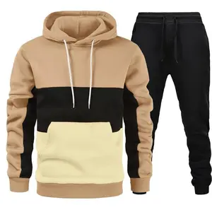 Autumn Winter Fleece-Lined Casual Sweatshirt Set Men's Color-Block Hoodie Sportswear Solid Color Sweatshirt and Sweatpants Set