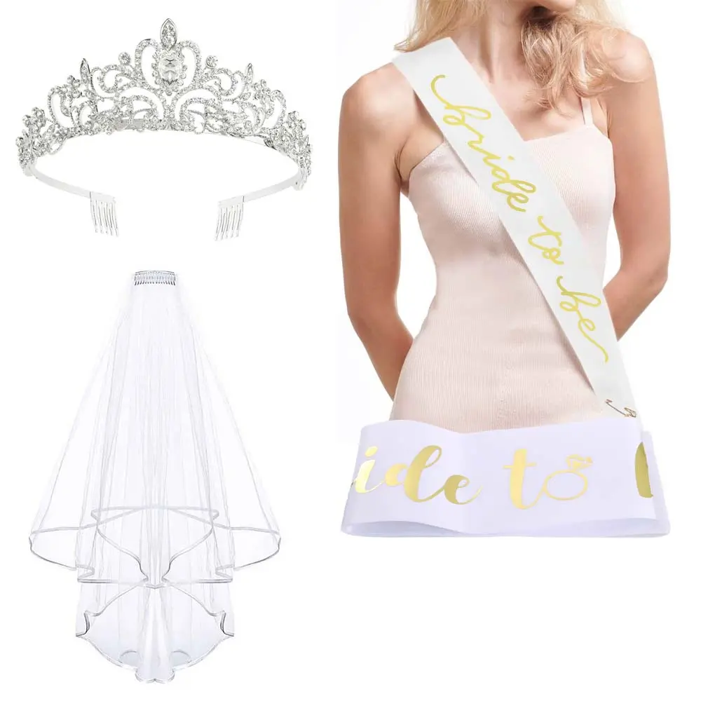 3 PCS Bachelorette Party Decorations - Crystal Crown, Bride To Be Sash & Wedding Veil for Bachelorette Party Favors Bridal Shower Gifts for Bride
