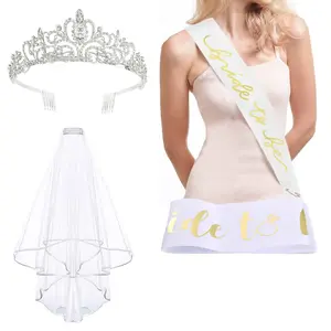 3 PCS Bachelorette Party Decorations - Crystal Crown, Bride To Be Sash & Wedding Veil for Bachelorette Party Favors Bridal Shower Gifts for Bride