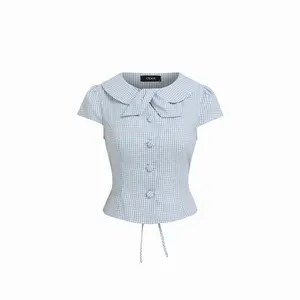 Cider Cotton-blend Gingham Peter Pan Collar Puff Sleeve Bowknot Blouse