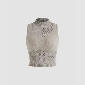 Cider [size 2-10] High Neck Solid Hollow Out Knitted Crop Tank Top