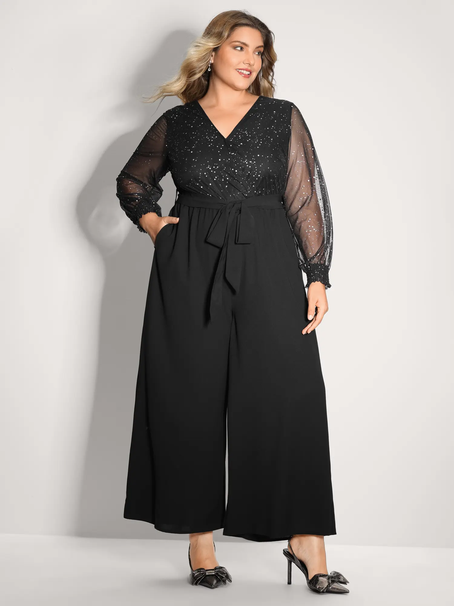BloomChic Women's Plus Size Overalls - Sparkly V-Neck Long Sleeve Backless Sheer Belted Wide Leg Jumpsuit,Smooth Polyester-Spandex Blend Fabric,Pocket,M-6X Fit,Party & Festival Clothes,2026 Summer Swimweek,Spotlight Deals for you days,Summerfinds