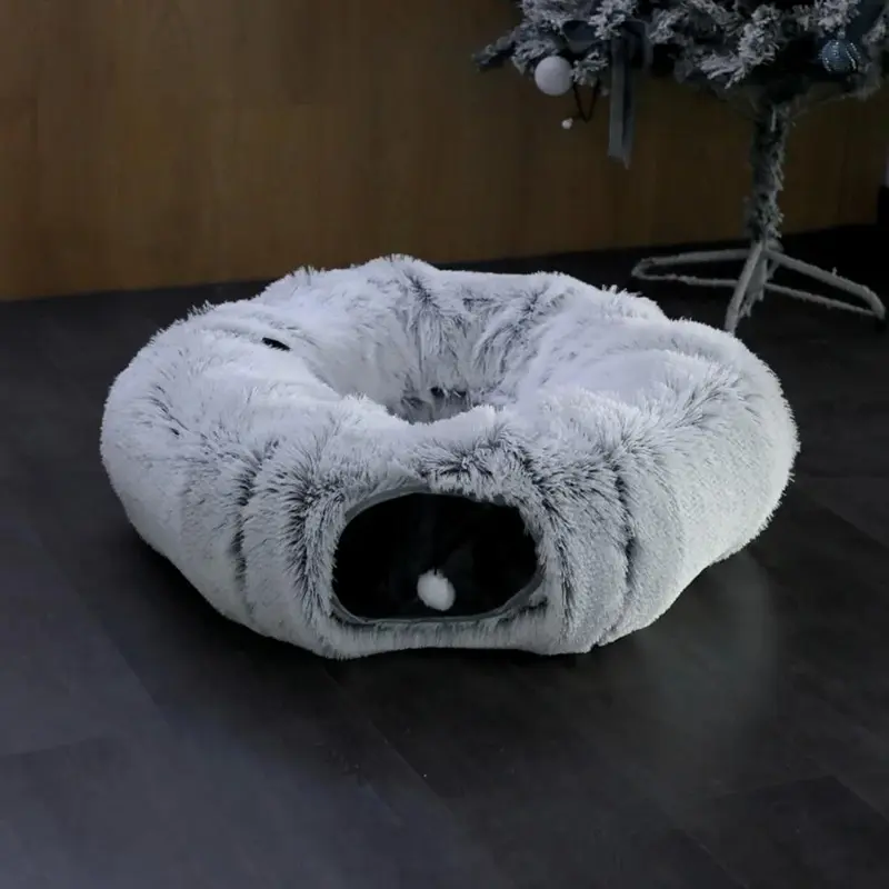 Large Cat Tunnel Tube Toys 3 Shape to Play for Indoor Cats Kittens Puppies, Round Plush Fluffy Cat Bed