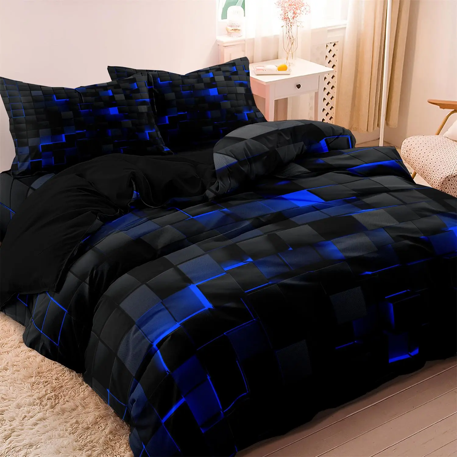 Geometric Printed Duvet Cover Set 3Pcs, Comfy Bed Sets, 1 Cover + 2 Pillowcases No Filler Insert, Soft Bedding for Bedroom & Hotel