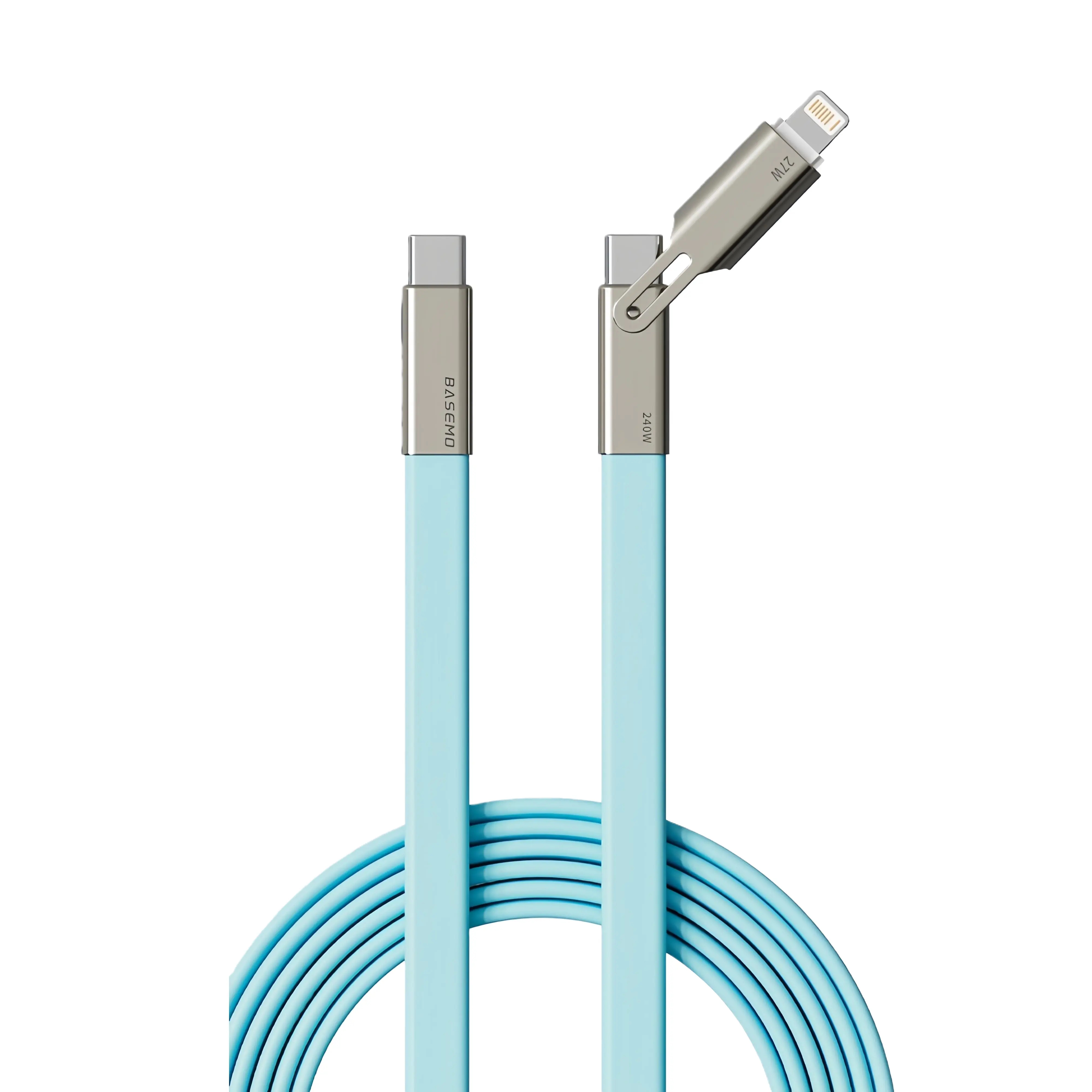 240W Wired USB Type-C to Type-C+Lightning Silicone Shell Charging Cable - Alloy Cord, Fast Charging for iPhone/Android, 1.2m Blue Anti-Tangled Durable No-Battery-Needed Daily Electronic Cable