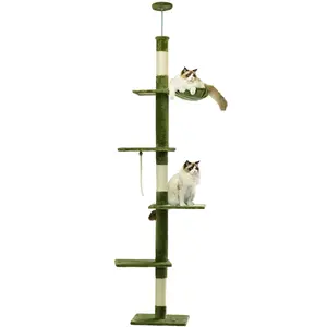 Cat Tree Floor to Ceiling Cat Tower with Adjustable Height, Cat Climbing Activity Center with Hammock, Platforms and Dangling Balls for Indoor Cats (Green, Floor to Ceiling-B)