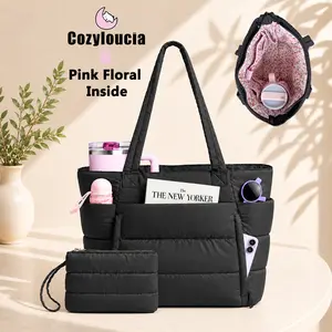[summervibes] Coyzloucia Tote Bag with Floral Pint inside, Lightweight Puffy Work Handbag Teacher Nurse Quilted Shoulder Bag for School Travel Gym | Cloud Bag, Daily College Bags, 15.6" Laptop Bag, Clinical Nursing Bag, Gift for Women,