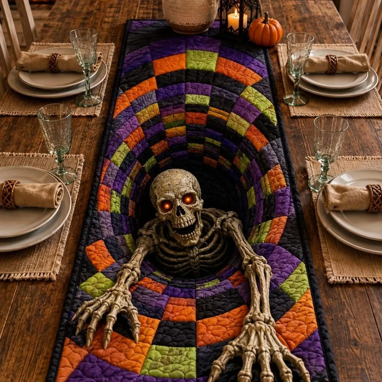 3D Skeleton Table Runner, Optical Illusion Halloween Topper, Spooky Tunnel Centerpiece, Creepy Gothic Decor, Horror Party Gift