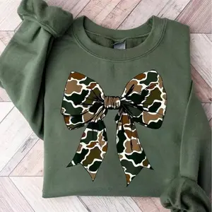 Camo Coquette Bow Sweatshirt - Green Casual Unisex Shirt with Camo Bow, Crew Neck, Comfortable Fit for Women