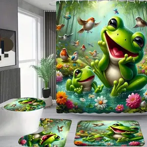 1/4pcs Forest Green Frog and Bird Pattern Shower Curtain Set, Printed Shower Curtain, Festive Design, Includes Non-Slip Mat, U-Shaped Rug, Toilet Seat Cover, Perfect for Bathroom Decor, and Comes with 12 Shower Curtain Hooks