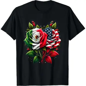100% Cotton Mexico USA Flag Mexican Flag American Flag Rose Flower T-Shirt Golf Gift T-Shirt For Men and Women Men Tee