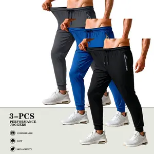 Set of 3 men’s summer lightweight ice silk fiber casual pants — quick-drying, stretchy elastic waistband; solid color straight-leg long pants; suitable for outdoor and everyday wear; minimalist style; breathable fabric; ideal for an active lifestyle.