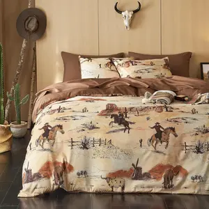 - Comforter Set, Rustic Ranch Life with Cowboy Southwestern Vintage Pattern Printed, Soft Lightweight Bedding, 3 Pieces, Ochre Brown, King Size