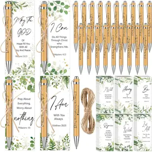 100 Pcs Christian Gifts First Communion Favors Christmas Bible Verse Bulk 50 Bible Verse Bamboo Pens 50 Prayer Hemps Cards Set for Women Men Church Sunday Christian Party Gifts