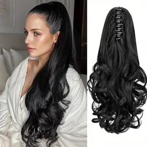 20 Inch Body Wavy Long Ponytail Hair Clip Heat Resistant Synthetic Extension Curly Ponytail Claw Clip For Daily Style Voluminous Waves For Added Height & Length Ponytail For Women pony tail