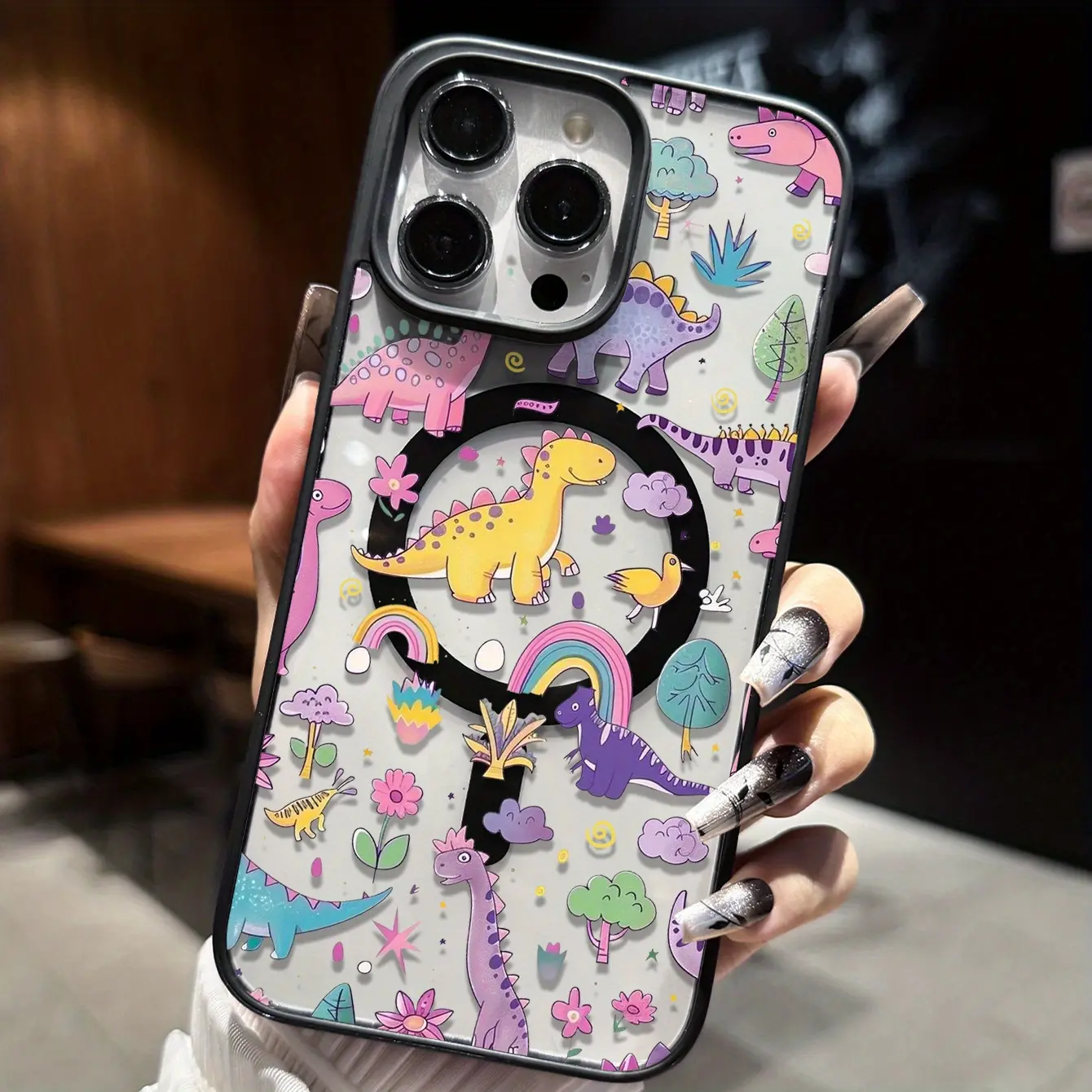 MagSafe Magnetic Silicone Acrylic Smartphone Cover for iPhone 17 Pro Max/Air,16,16e,15,14 Plus,13,12,11,X,XS - Cute 2D Dinosaur Print, Shockproof, Scratch-Resistant, Skin-Friendly Handheld Devices Accessory, Valentine's Day Gift