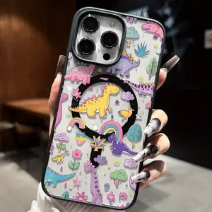 Cute Dinosaur Pattern Magnetic Case for iPhone 17 Pro Max Air 16 16e 15 14 Plus 13 12 11 X XS MagSafe Acrylic Scratch-resistant skin-friendly feel Smartphone Cover Valentine's Day Gift 2D printing