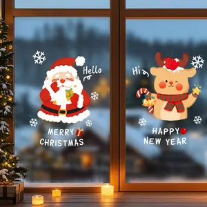 Christmas Glass Decoration Stickers, Cute Santa Claus and Reindeer Snowflake Design, PVC adhesive-free electrostatic decal is suitable for creating holiday atmosphere in living room, Christmas party and shop window.