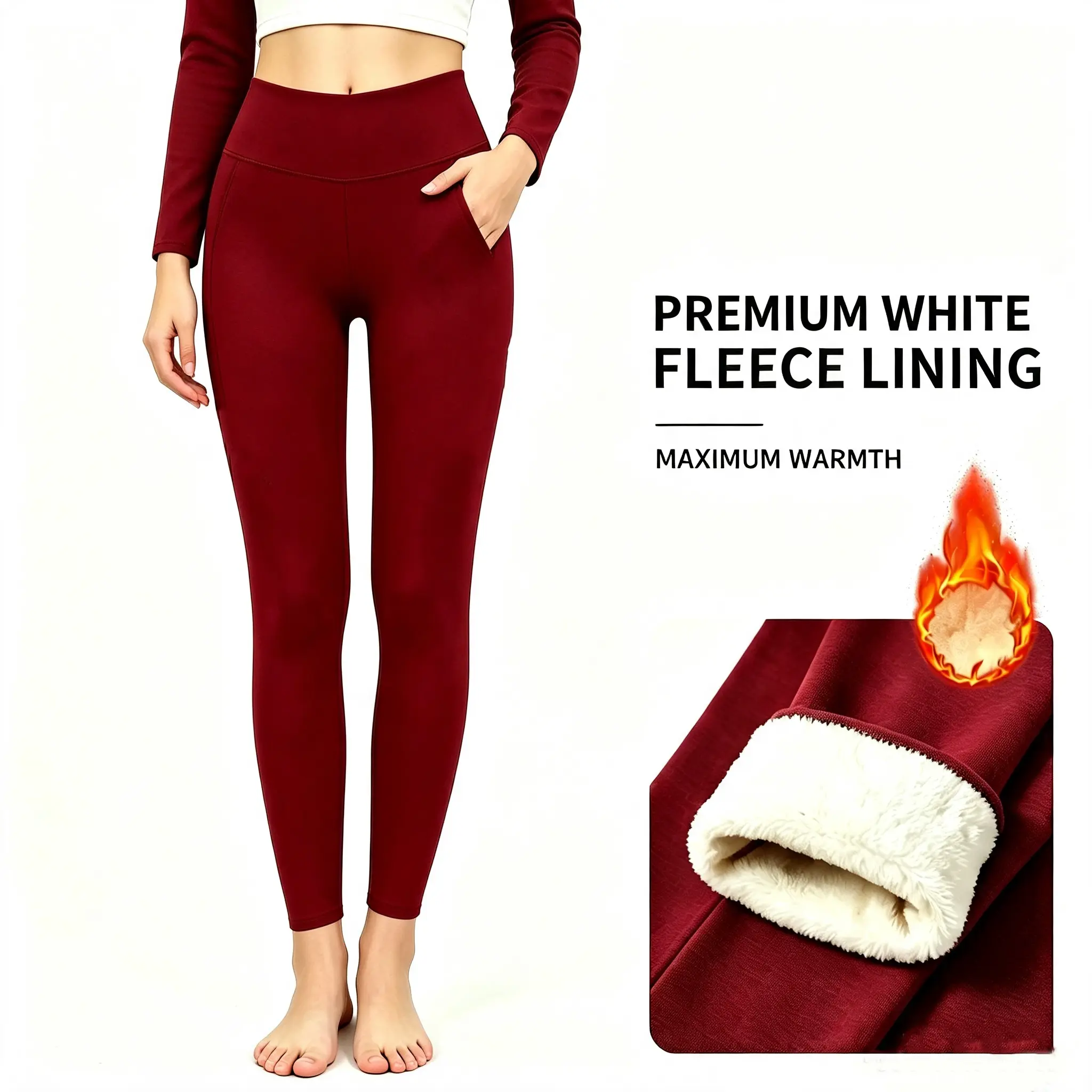 Women's Hala Sculpt High Waist Solid Fleece-Lined Leggings - 4-Way Stretch Thick Polyester, Smooth Flat Compression, Tummy Control, Soft Thermal Pockets, Embroidered Daily Wear for Cold Weather Gym & Casual