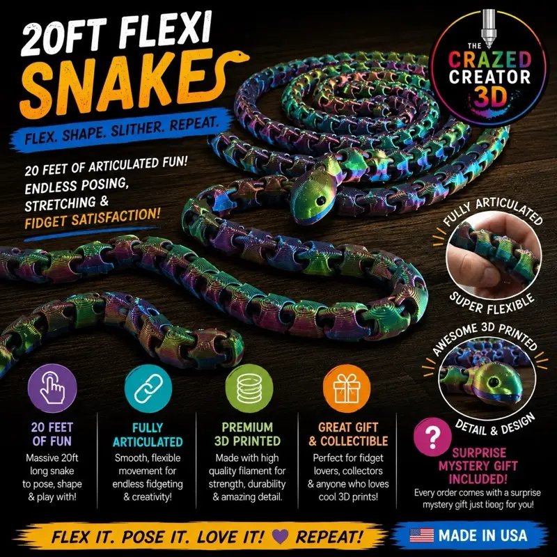 20-Foot Flexi Snake – Giant Articulated 3D Printed Fidget Toy | Rainbow PLA | Includes Surprise Mystery Gift!
