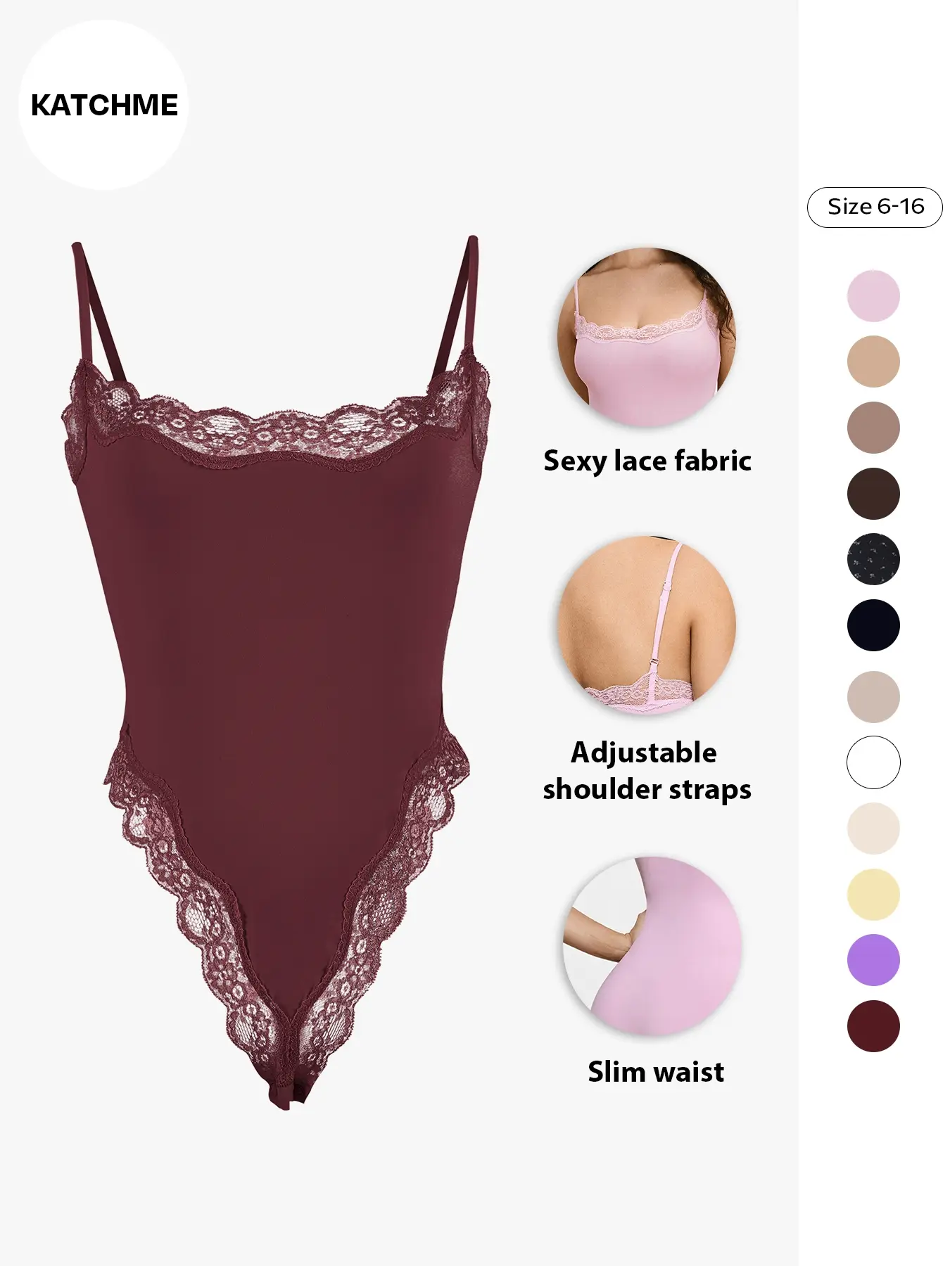 Women's Sexy Solid Color Spaghetti Strap Lace Trim Shaping Shapewear Bodysuit