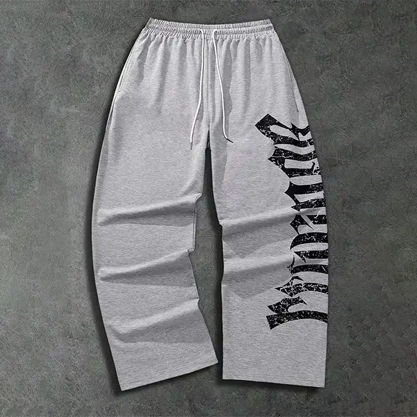 Oversized Gothic Men's Pants, Distressed Embellished Streetwear Joggers with Letter Print, Gym Style Sweatpants with Drawstring Waist & Pockets, Distressed Embellished Men's Pants, Gym Style Men's Pants