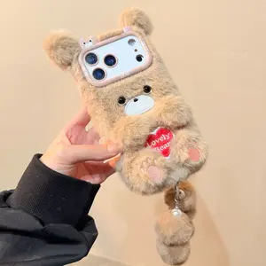 For iPhone14/15/16/17 Pro Beige Fluffy Bear Paw 3D Phone Case With Heart Embroidery Pom Pom Chain Autumn Winter Cute Shockproof Cover Pearl