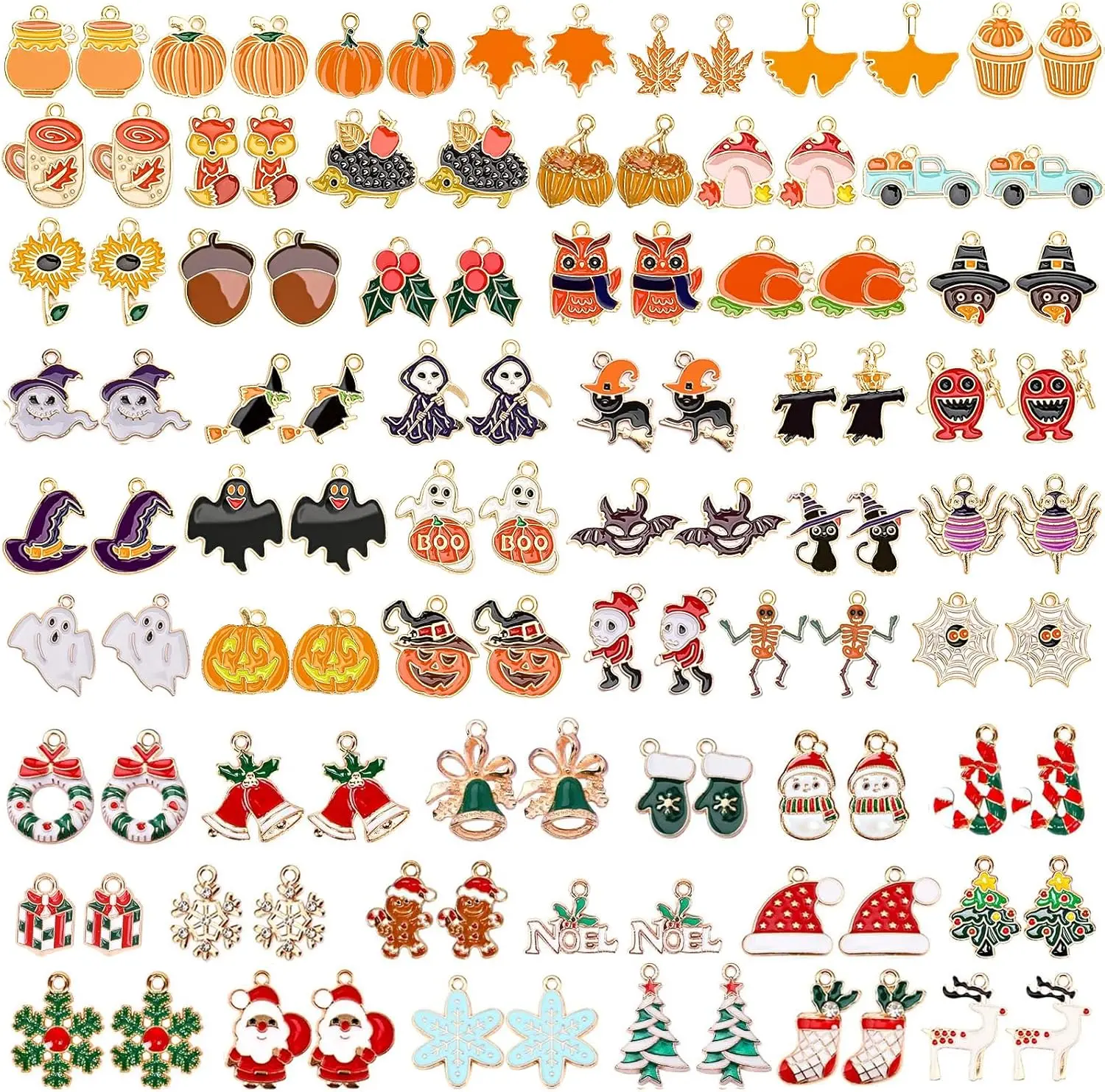 110Pcs/55 Pairs Holiday Charms,Fall Halloween Thanksgiving Christmas | Charm for Jewelry Making, Assorted Gold Enamel Charm, for Bracelet Necklaces Earrings Craft Supplies