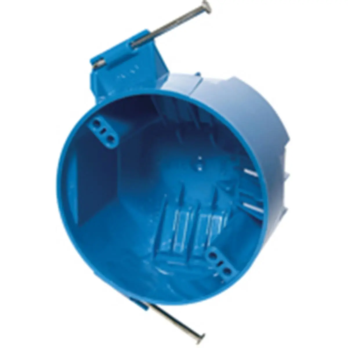 Thomas & Betts PVC New Work Round Ceiling Box (4 in. diameter x 2-1/4 in. depth, 20 cu in Volume) with Captive Nails, 6 Integral Clamps, Fixture Mounting, 3/0-4/0 Combination, UL Listed, Meets NEMA Os-2, RoHS Compliant, 0.22 lbs, Up to 50 lb Max Capacity