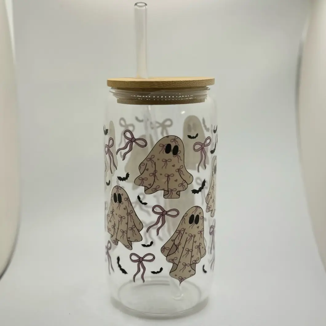 Ghouls & Bows Purple 16oz Drinking Glass with Glass Straw and Bamboo Lid