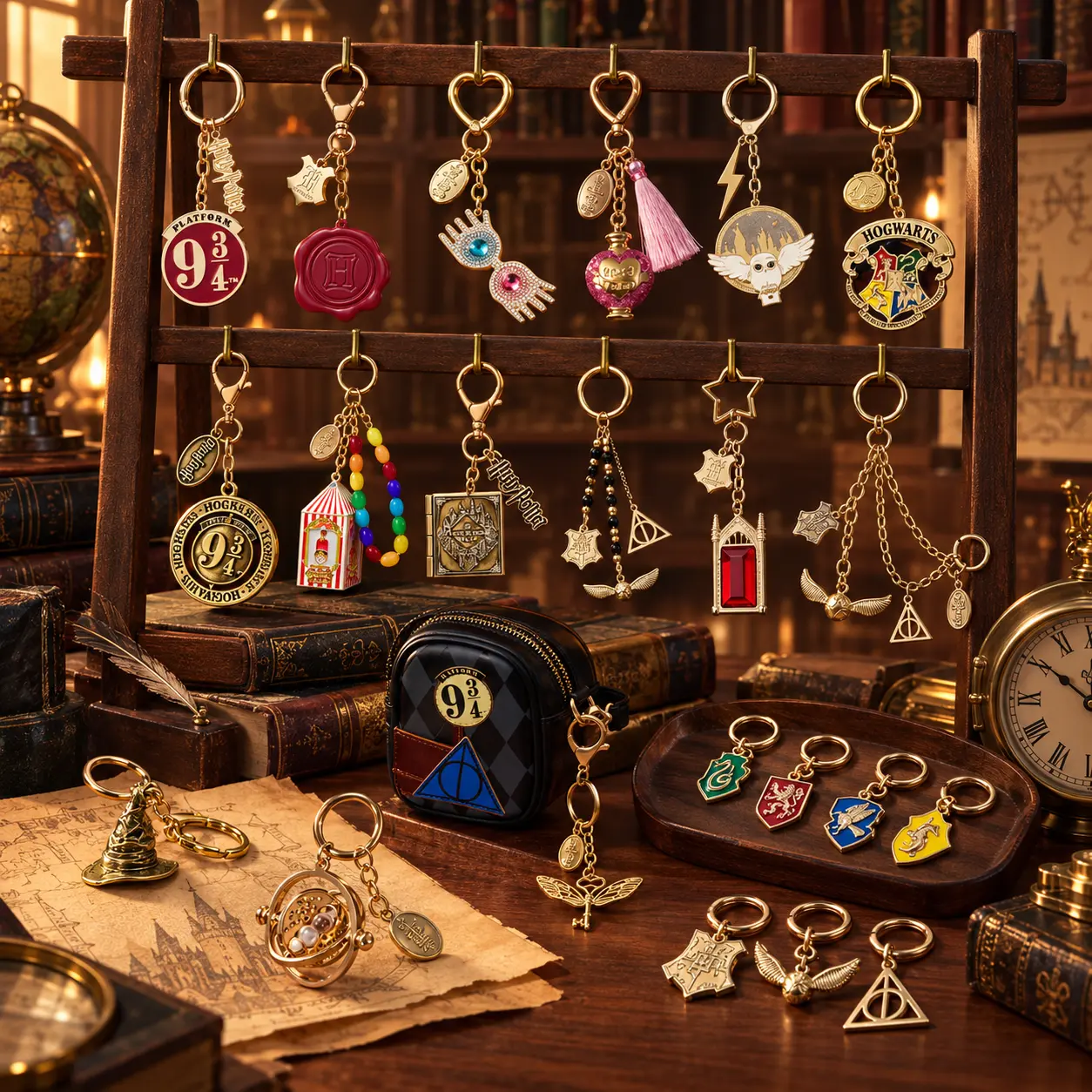 HP Gold Keychain Set Collection - Golden Snitch Deathly Hallows & Hogwarts Crest Bag Charms - Wizard Fan Gift for Backpack Purse Keys
