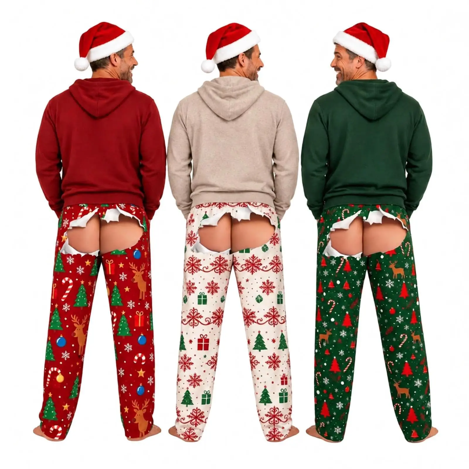 Men's Ugly Funny Pajama Pant Butt Print Christmas Themed Loungewear S-3XL Festive Red Green