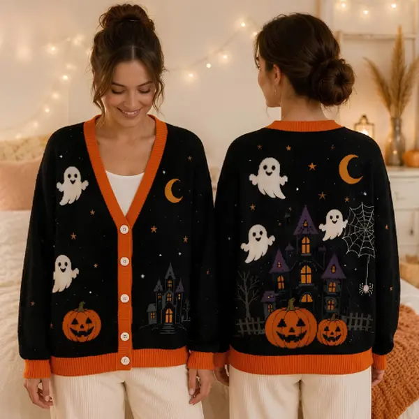 Halloween Cardigan 2026, Spooky Ghost Pumpkin Sweater, Haunted House Knitwear, Cozy Fall Top, Gift for Her