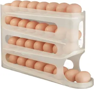 Auto Rolling Egg Organizer for Refrigerator, 4-tier White Plastic Egg Storage Holder, Space-saving Fridge Rack Suitable for Kitchen Countertop