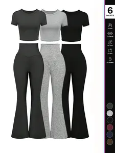 Women's High Waisted Flare Pants Set, 2 Piece, Short Sleeve Cropped T-Shirt Top, Bell Bottom Workout Sets, Casual Fashion, Athleisure Wear