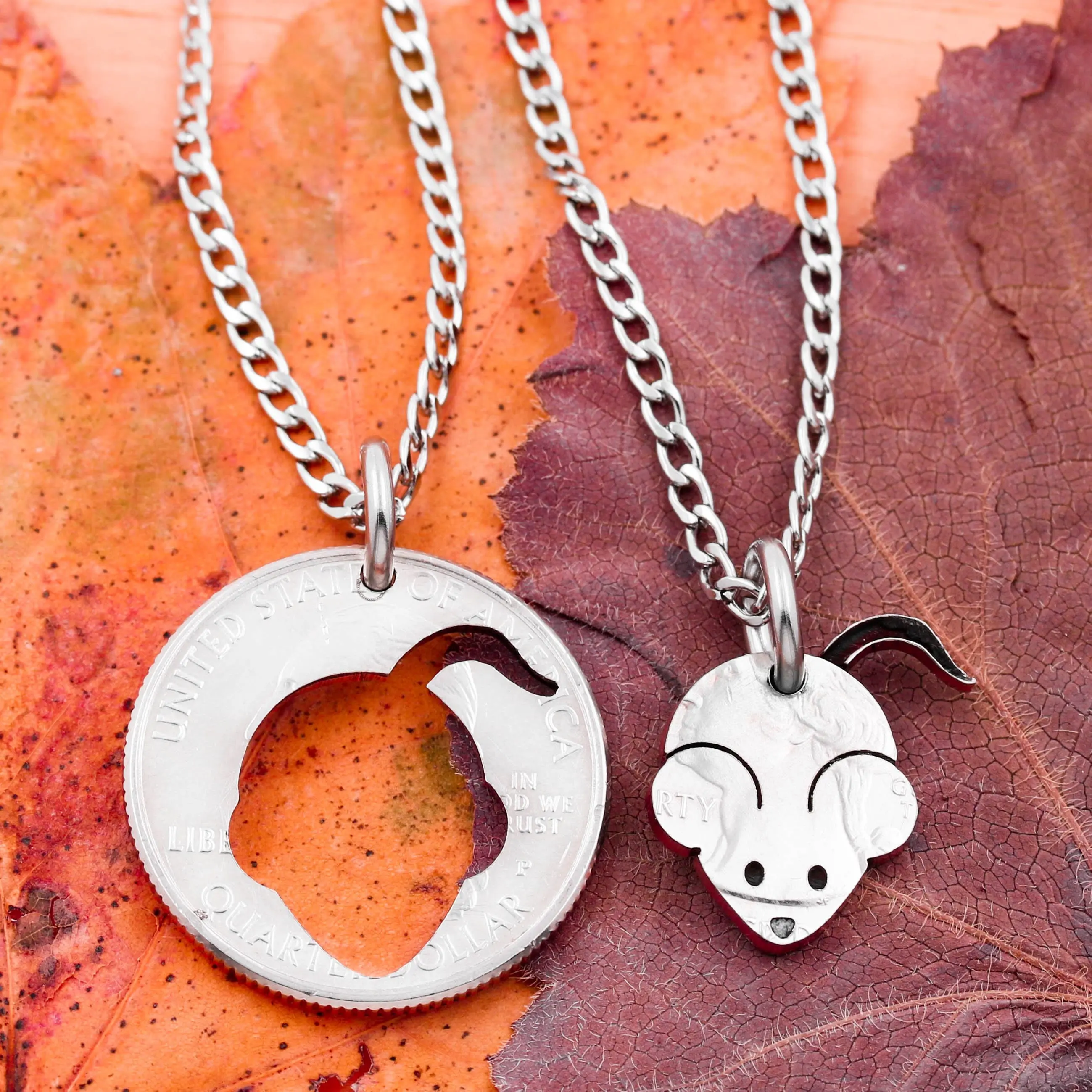 Mouse and Little Girl Silhouette Necklaces, German Mouse, Custom Engraved Names, Kids Jewelry, Inside Outside Pieces, Hand Cut Coin