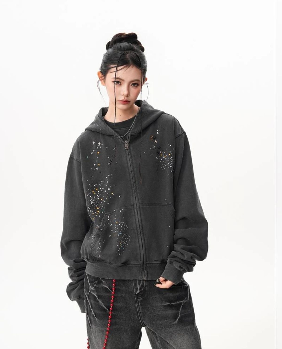 Hotfix Rhinestone Star Zip Up Hoodie Vintage Washed Hoodies