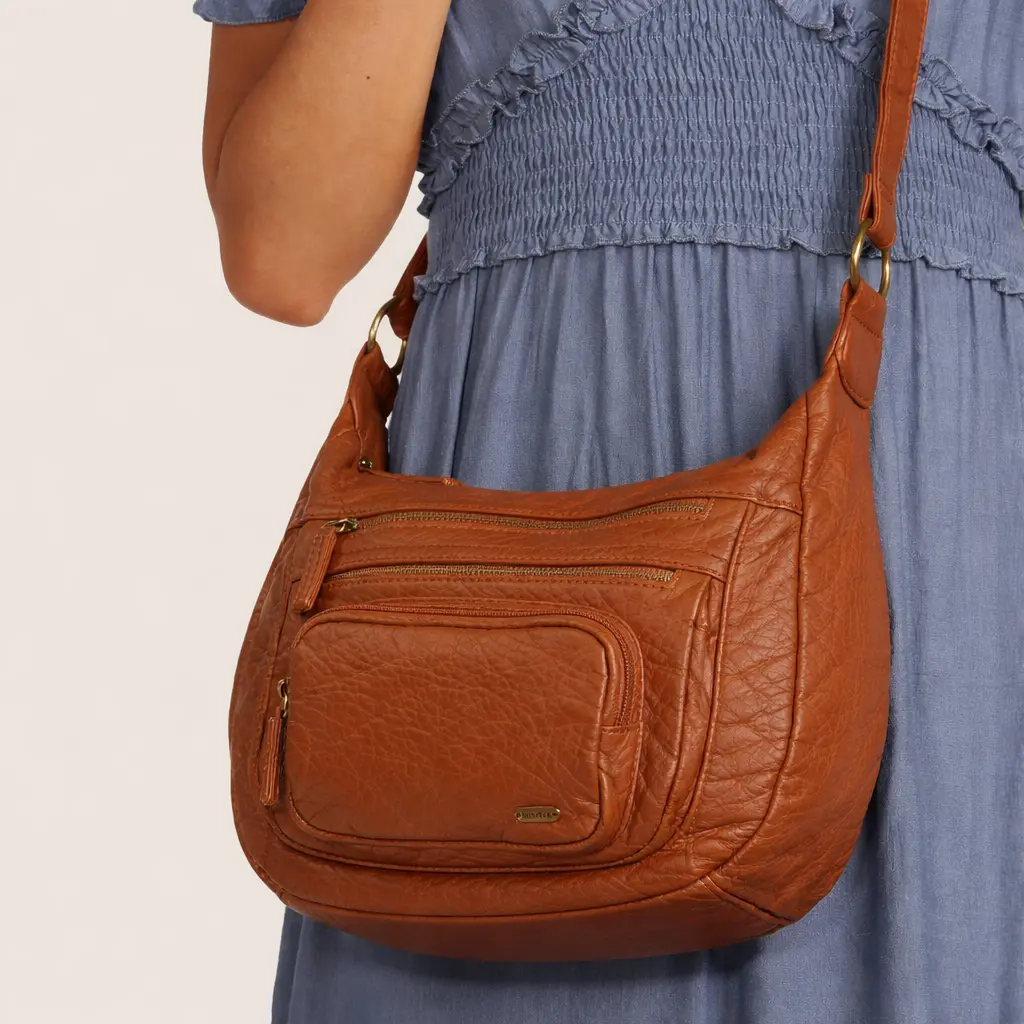 Ampere Creations Alison Crossbody Bag Soft Vegan Leather with Brass Hardware & Striped Lining Adjustable Strap 27 Inches 3 Zip Closures