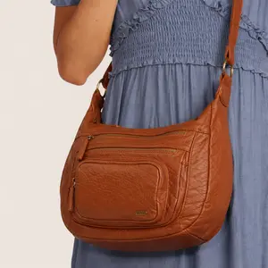 Ampere Creations Alison Crossbody Bag Soft Vegan Leather with Brass Hardware & Striped Lining Adjustable Strap 27 Inches 3 Zip Closures