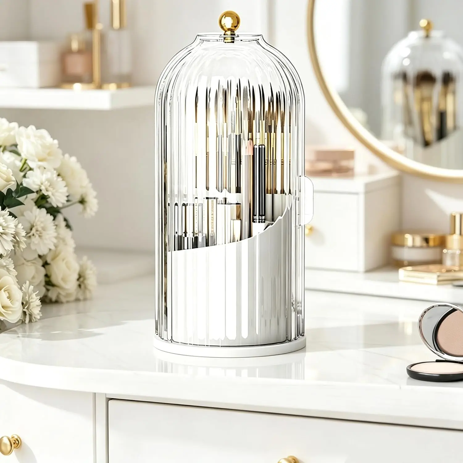 Compact Modern Plastic Rotatable Makeup Brush & Toothbrush Organizer, 360-Degree Rotating Bathroom Countertop Storage Box with Acrylic Lid, Daily Use Vanity Caddy for Skincare Supplies & Cosmetic Tools, Sliding Lid