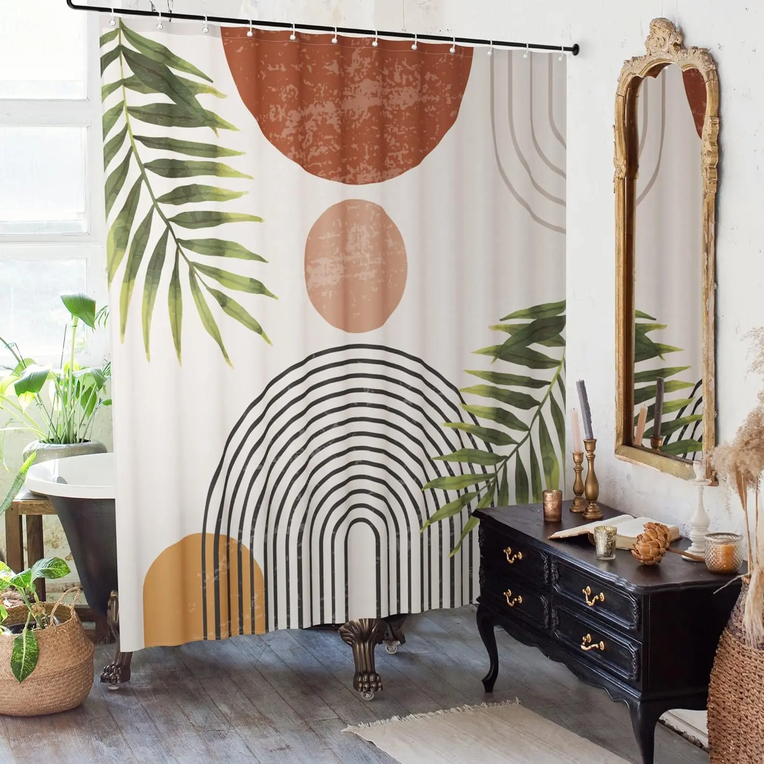 Boho Style Leaf Print Shower Curtain, Modern Waterproof Printed Decorative Shower Curtain with 12 Hooks, Bathroom Supplies for Home Decor, Bathroom Decoration Accessories, Restroom