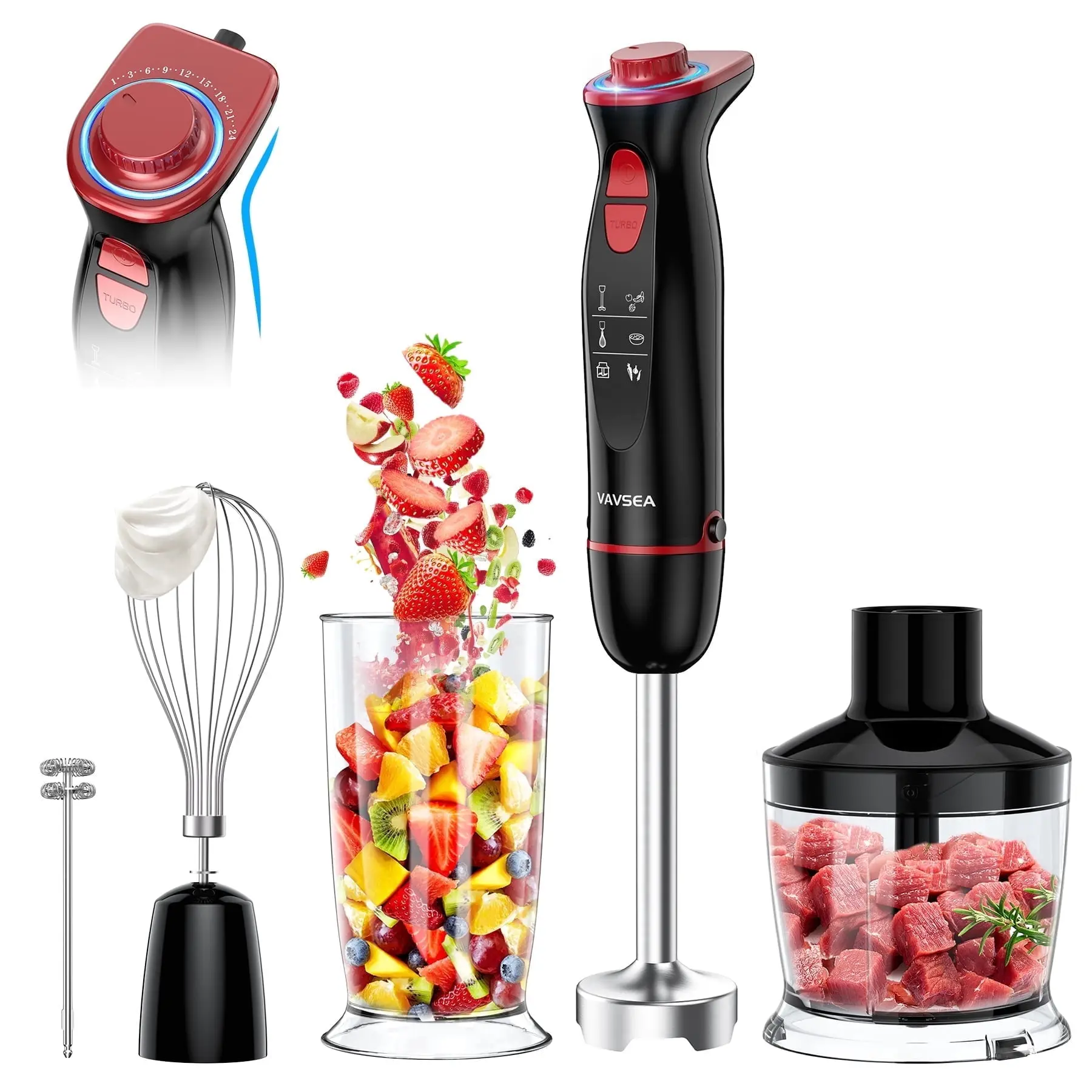 VAVSEA Immersion Blender, 1100W 5-in-1 Hand Blender, 24-Speed Handheld Stick Blender for Kitchen, Chopper, Beaker, Whisk, Milk Frother, for Smoothies, New