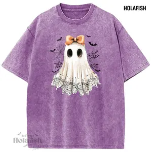 Holafish Acid Washed Shirt "The Butterfly Ghosts" Print Casual Graphic Tee Half Short Sleeves Crew Neck Summer Comfortable Cotton Top for Women Fit - Everyday