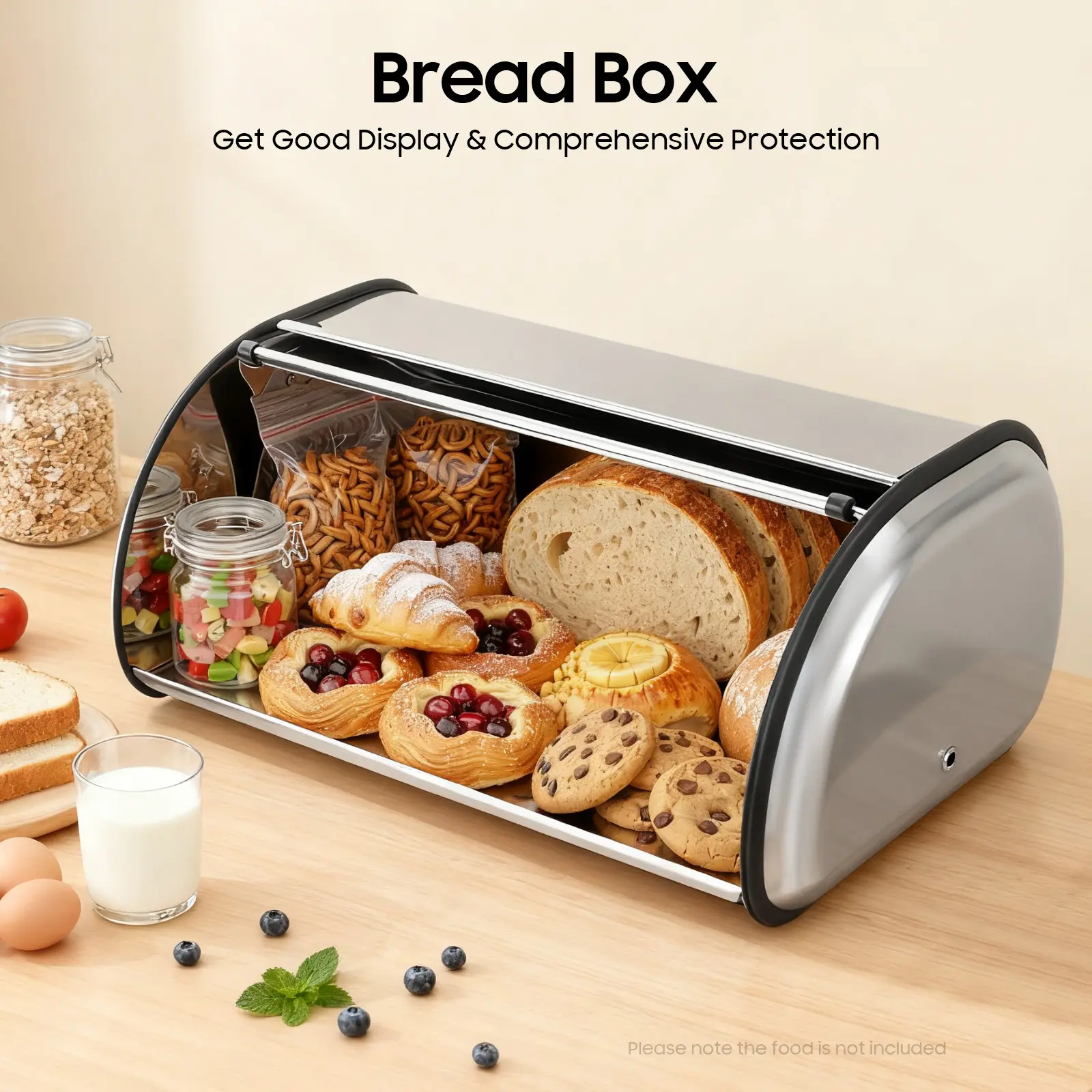410 Stainless Steel Bread Box - Mirror Finish Ventilated Kitchen Food Storage Container, Dustproof No-Assembly Fresh-Keeping Pastry Bin for Guesthouses, Dining Rooms, Modern, Countertop