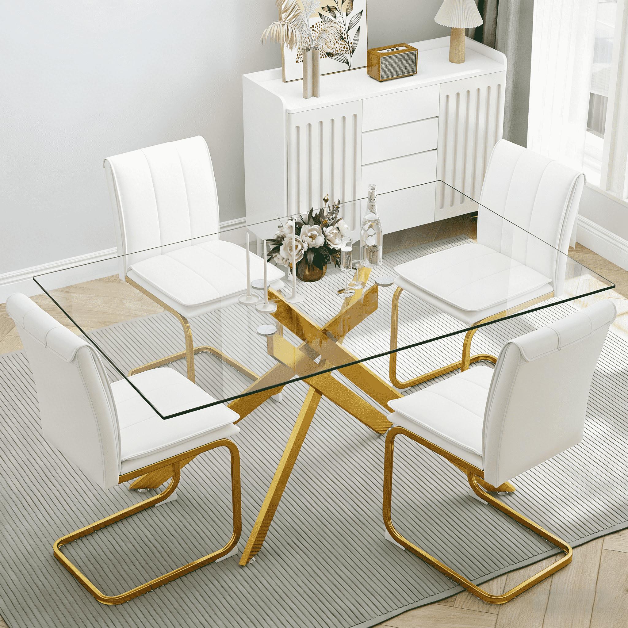 51.18 "Rectangular Glass Dining Table with Clear Tempered Glass, Golden Plated Tubular Metal Legs with Adjustable Leveling Feets, Kitchen Table for Dining Room,Dinner Table（ONLY TABLE）