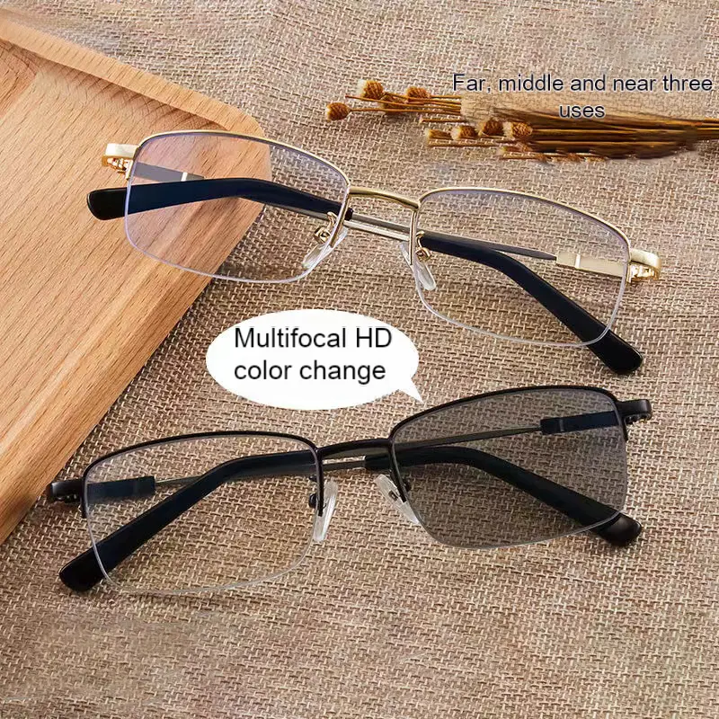 Rectangle Reading Glasses, 2-Pack Photochromic Progressive Bifocals with Semi-Rimless Alloy Frame & Anti-Glare Resin Lenses, Unisex, +1.0 to +4.0D, +1.0D~+4.0D